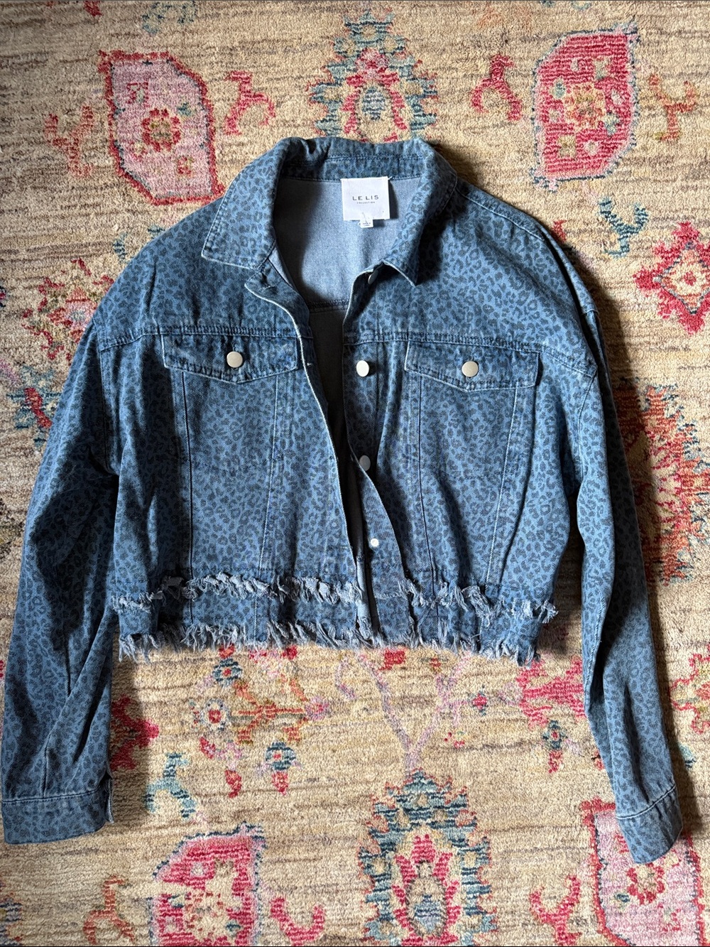 Le Lis Blue Leopard-Print Cropped Denim Jacket with Frayed Hem